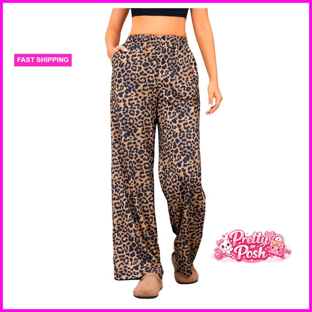 Leopard Print Elastic High Waist Wide Leg Trousers with Pockets
